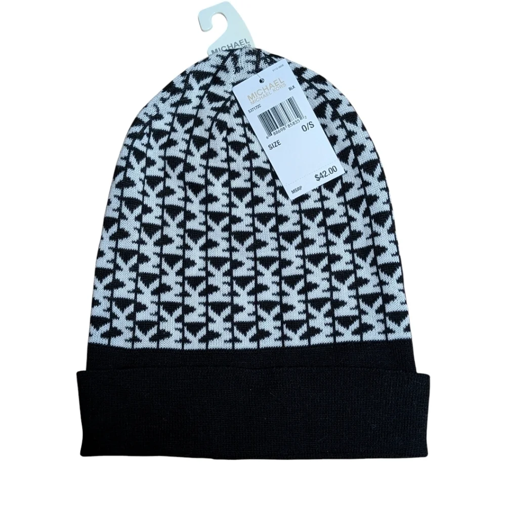 NWT NEW Michael Kors BLACK & white signature Logo Bennie Hat & Gloves SET